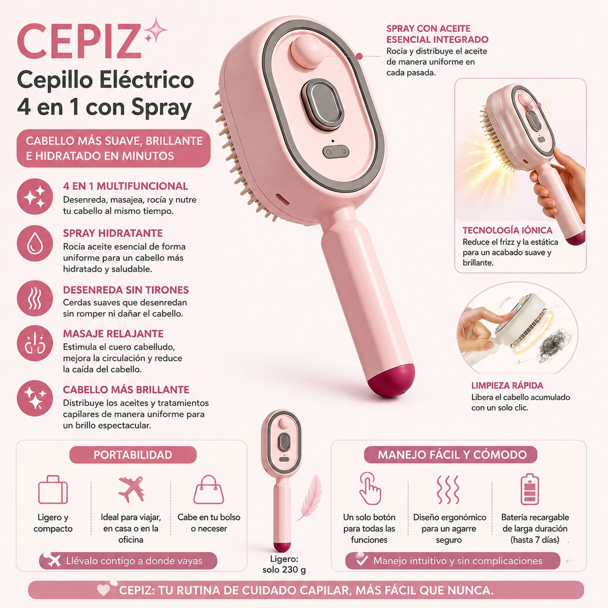 Cepillo Eléctrico Masajeador para el Cabello con Rociador de Aceites Esenciales y Tecnología de Autolimpieza